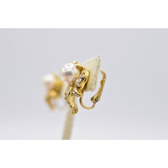 Atwood & Sawyer Vintage Clip Earrings Pearl Flower Crystal Gold A&S Signed BinZ - Picture 8 of 10